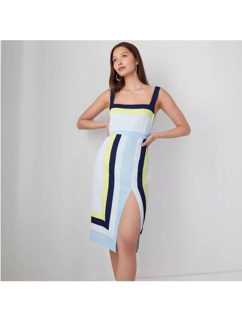 Babaton Striped Square-Neck Midi Dress in Light Blue, Navy and Yellow
